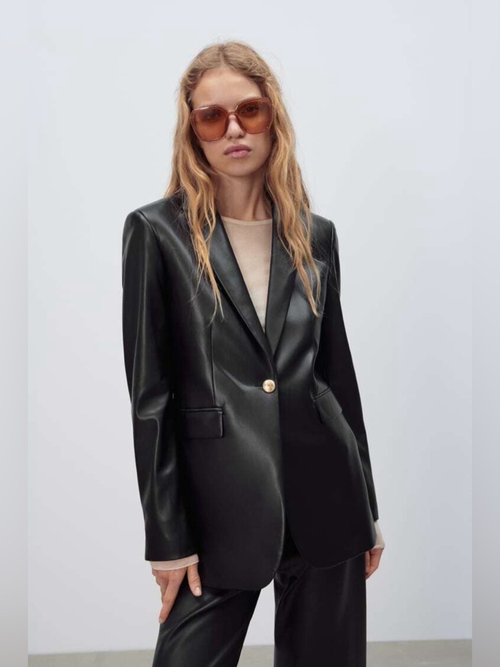 Zara Black Faux-Leather Single-Button Blazer